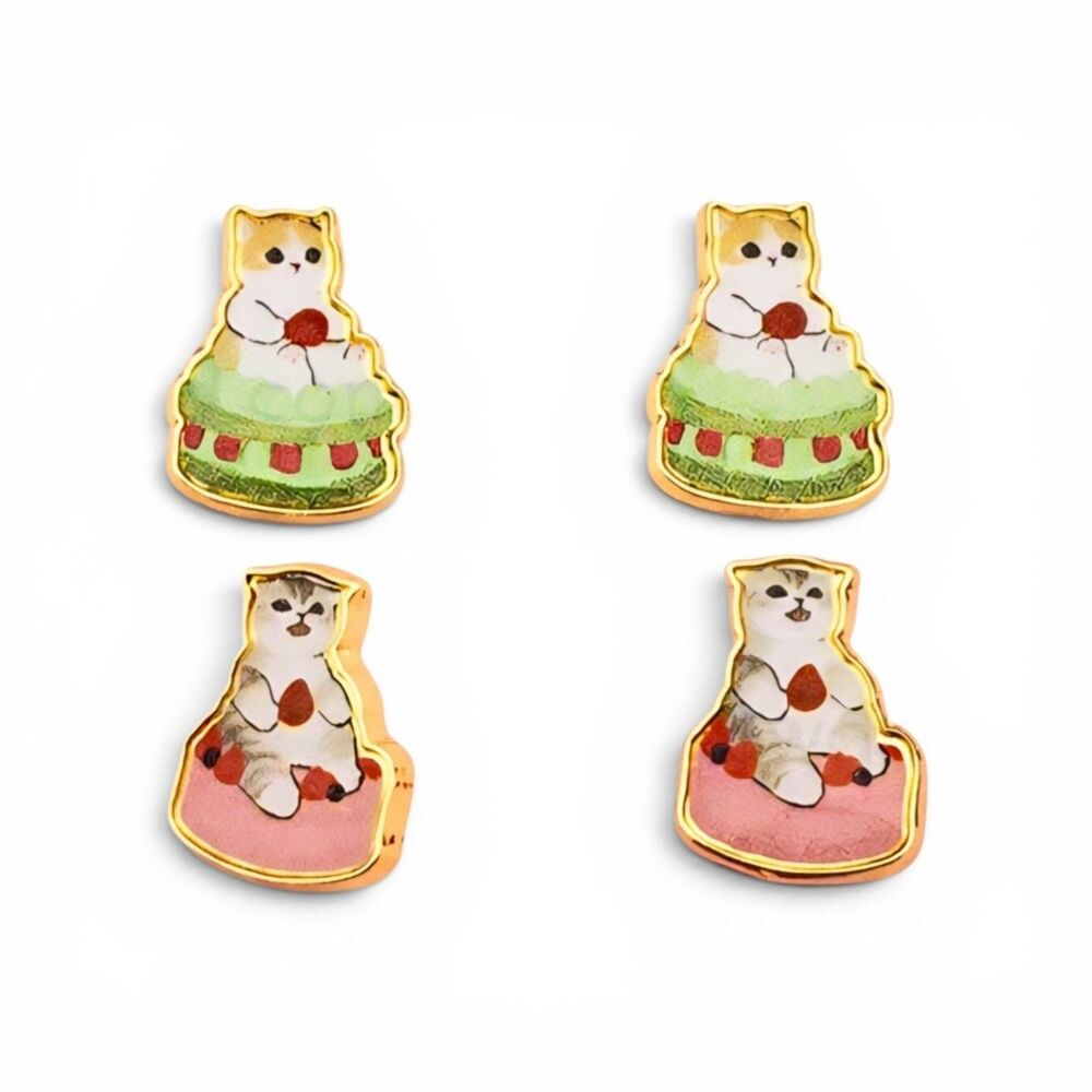 2 Pair Japan Mofusand Stud Gold Tone Cat Earrings -Macaron & Choco V
